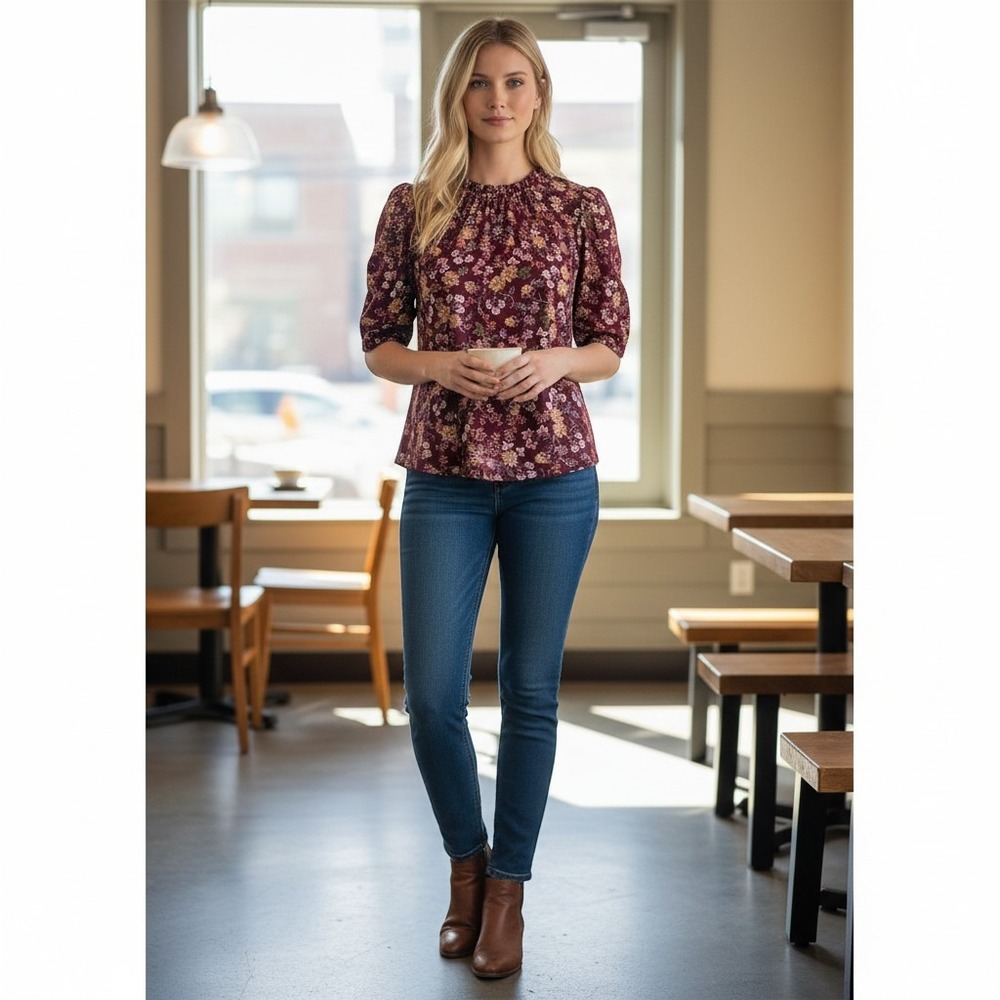 CeCe Burgundy Floral Ruffle Neck Puff Sleeve Blouse‎ Top Large Burgundy Multi